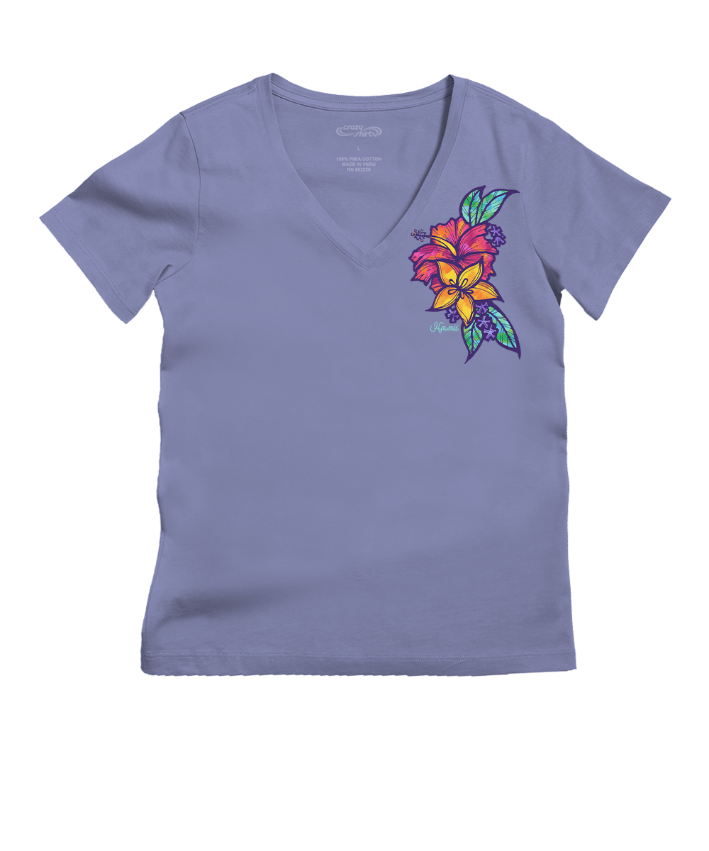 Purple t-shirt with a colorful floral design on a white background View 1
