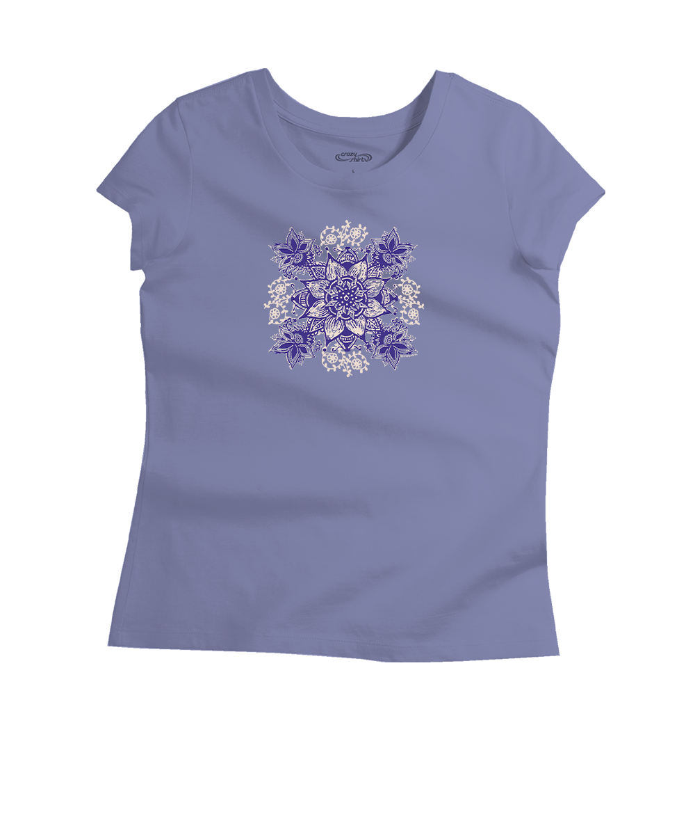 Purple t-shirt with floral design on a white background View 1