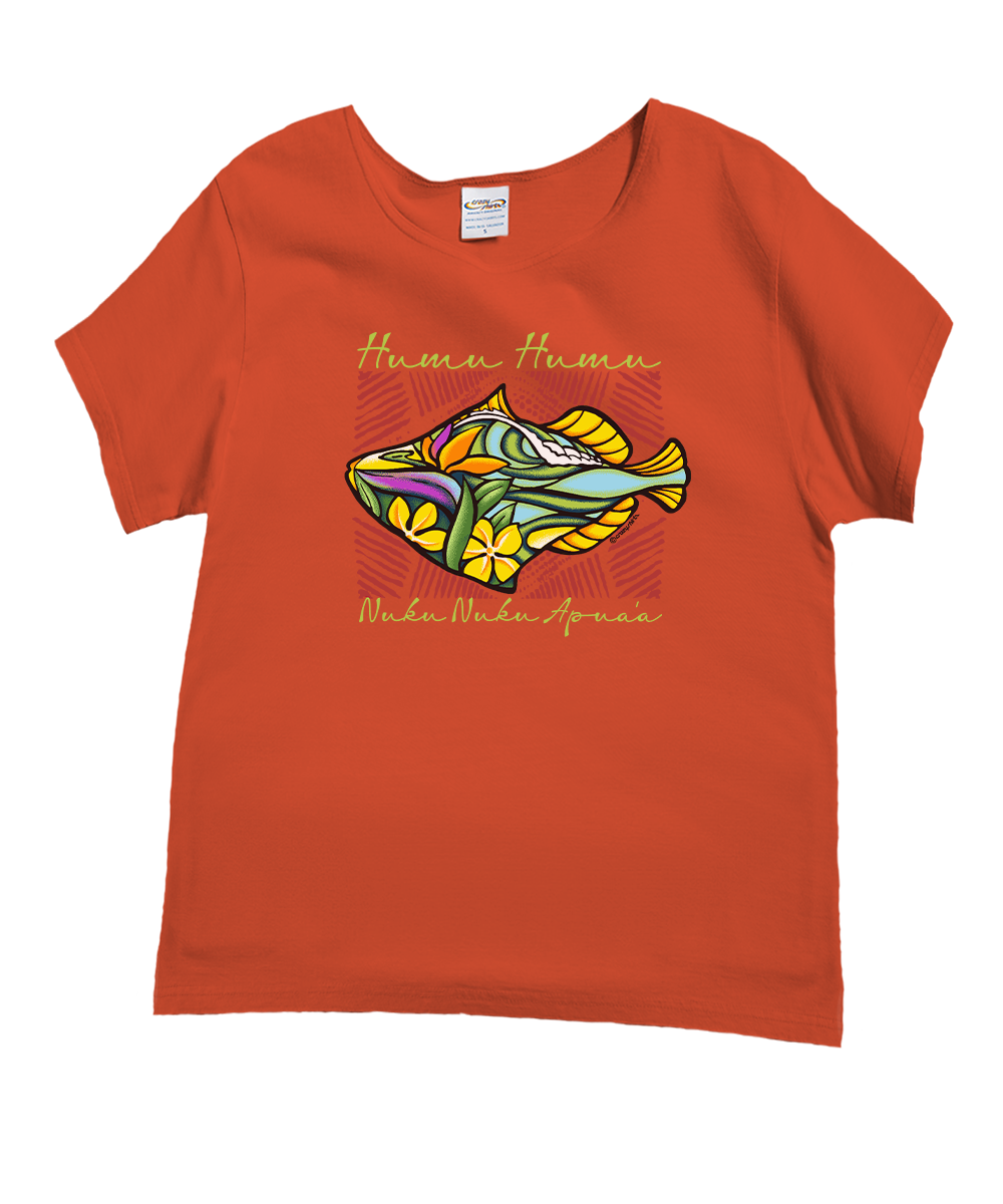 Orange t-shirt with a colorful fish design and text on a white background View 1