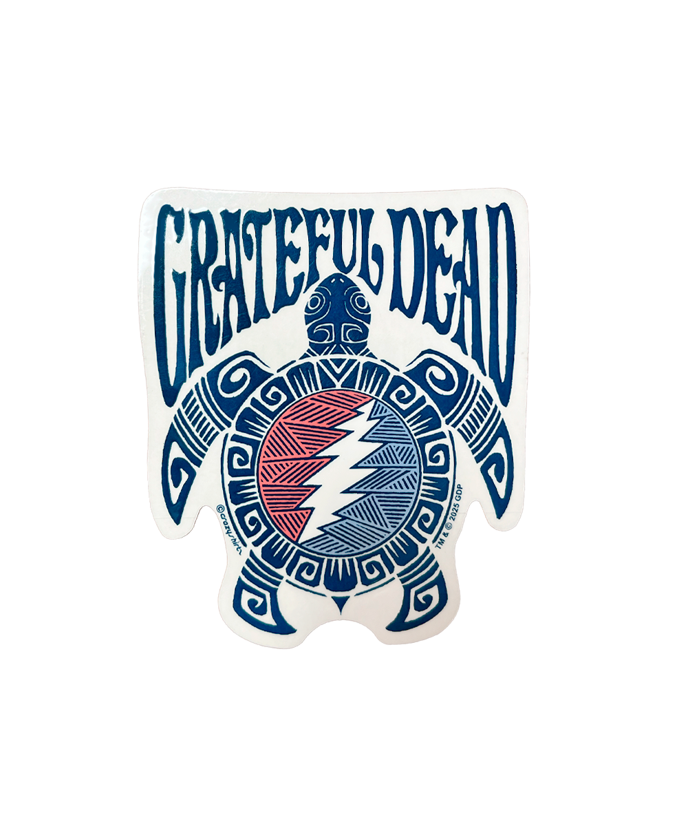 Grateful Dead logo on a turtle with blue, white, and red colors on a black background View 1