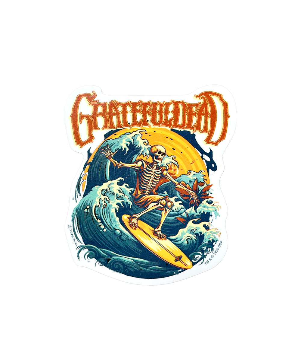 Sticker with a skeleton surfing on a wave and 'Grateful Dead' text against a white background View 1