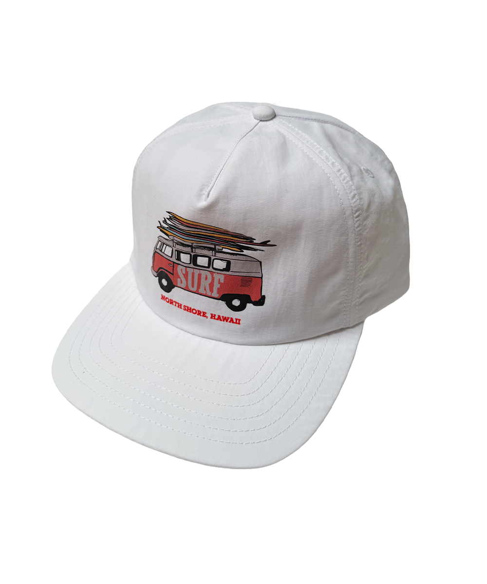 White cap with a red van graphic and 'Surf North Shore, Hawaii' text on a white background View 1
