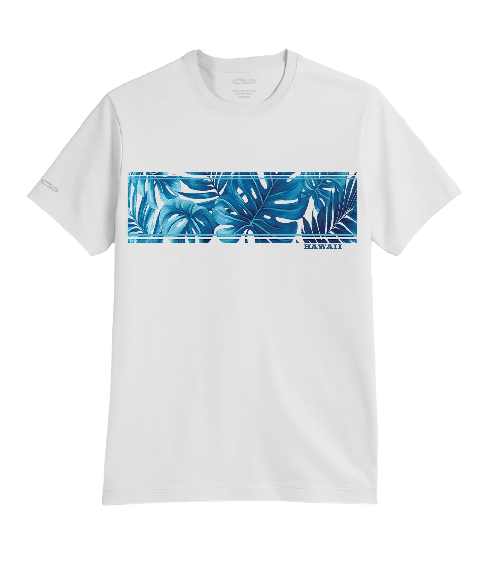 White t-shirt with blue tropical leaf design and 'Hawaii' text on a white background View 1