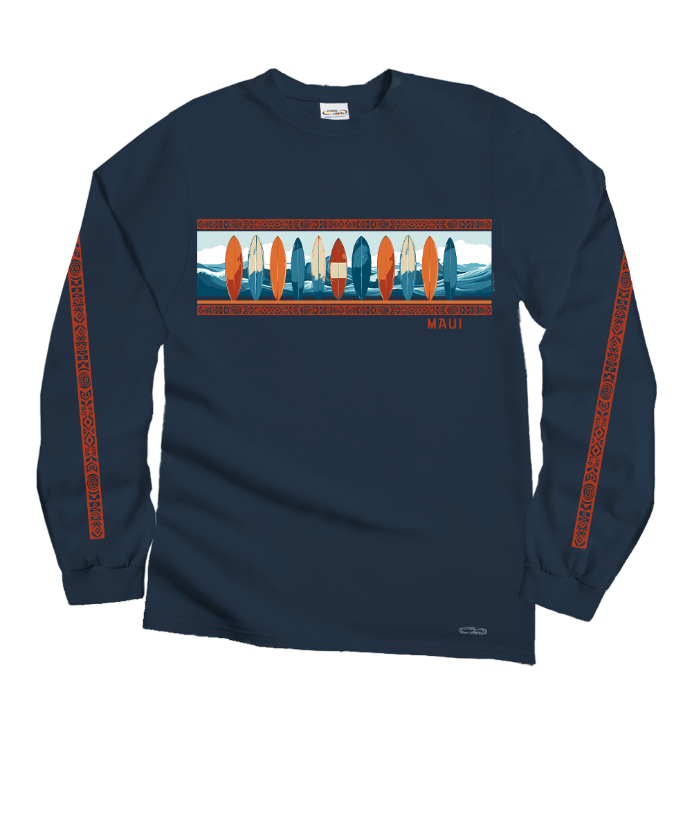 Navy long-sleeve shirt with a surfboard graphic and 'Maui' text on a white background View 1