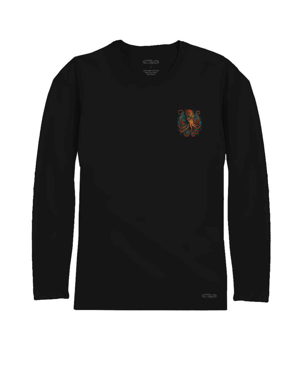 Black long-sleeve shirt with a colorful octopus graphic on the pocket against a white background View 4