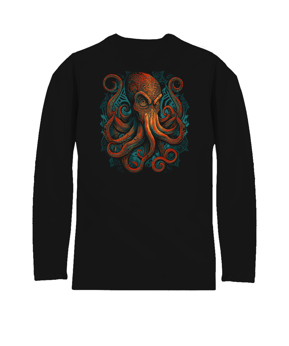 Black long-sleeve shirt with a colorful octopus design on a white background View 1