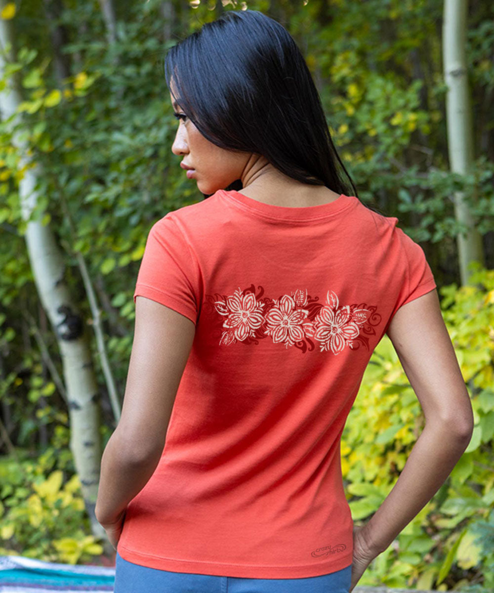 Woman wearing a red t-shirt with floral design outdoors View 3