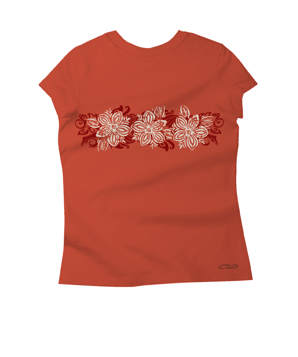 Red t-shirt with floral design on a white background View 4