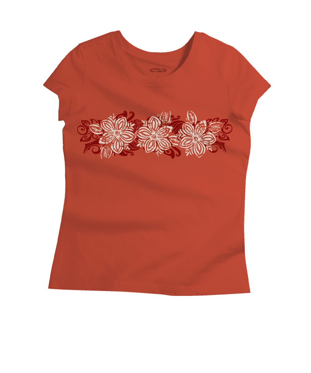 Red t-shirt with floral design on a white background View 1