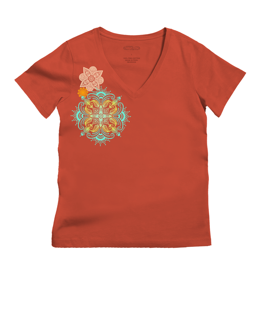 Orange t-shirt with a colorful mandala design on a white background View 1