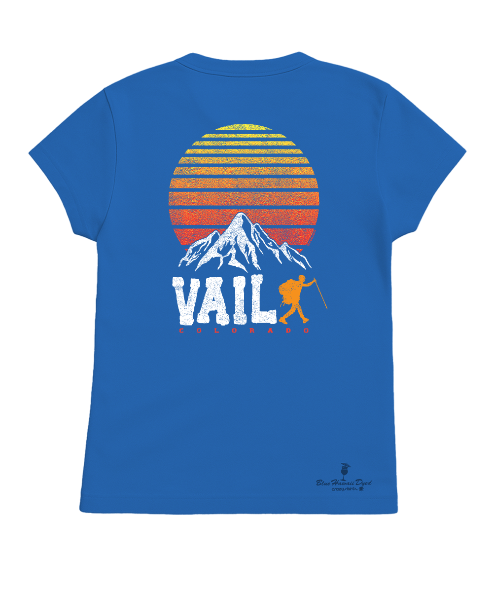 Blue t-shirt with mountain and 'Vail' graphic on a white background View 1