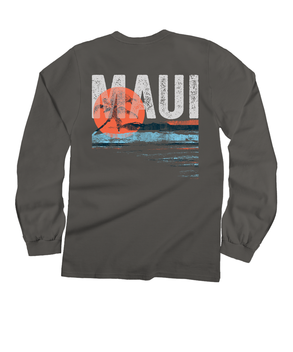 Gray long-sleeve shirt with 'MAUI' graphic on the back View 1