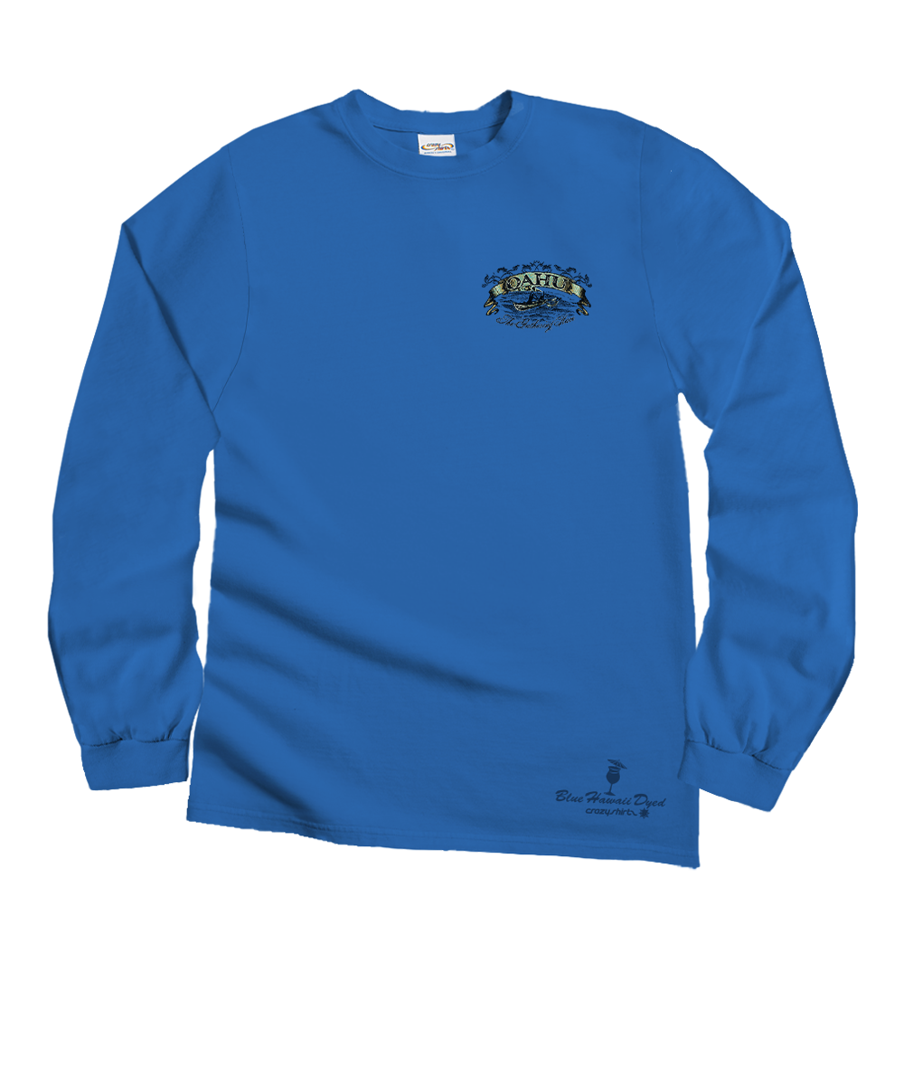 Blue long-sleeve shirt with a logo on the chest against a white background View 4