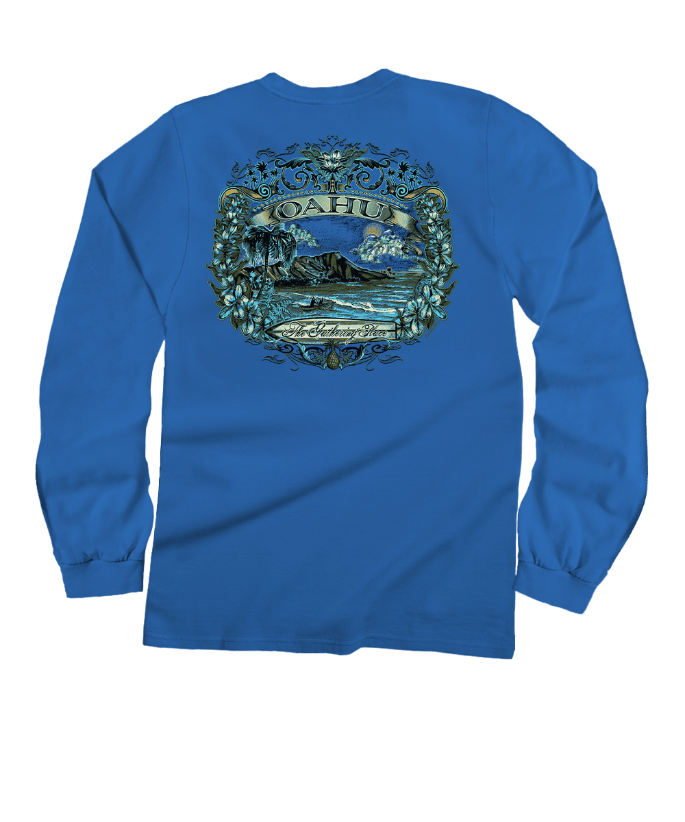 Blue long-sleeve shirt with a graphic design on the back, featuring the word 'Oahu'. View 1