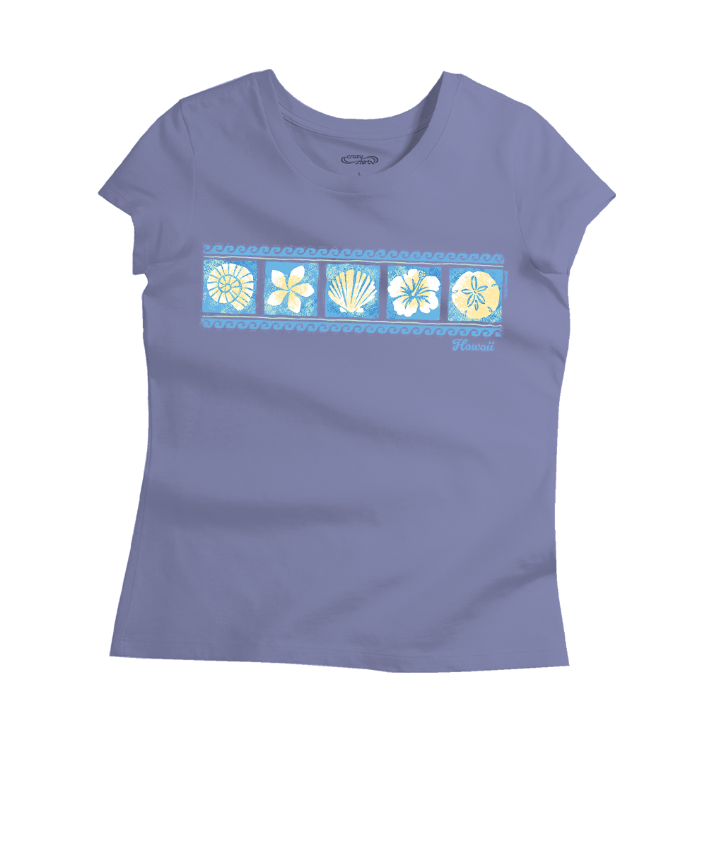 Purple t-shirt with floral and shell design on a white background View 1