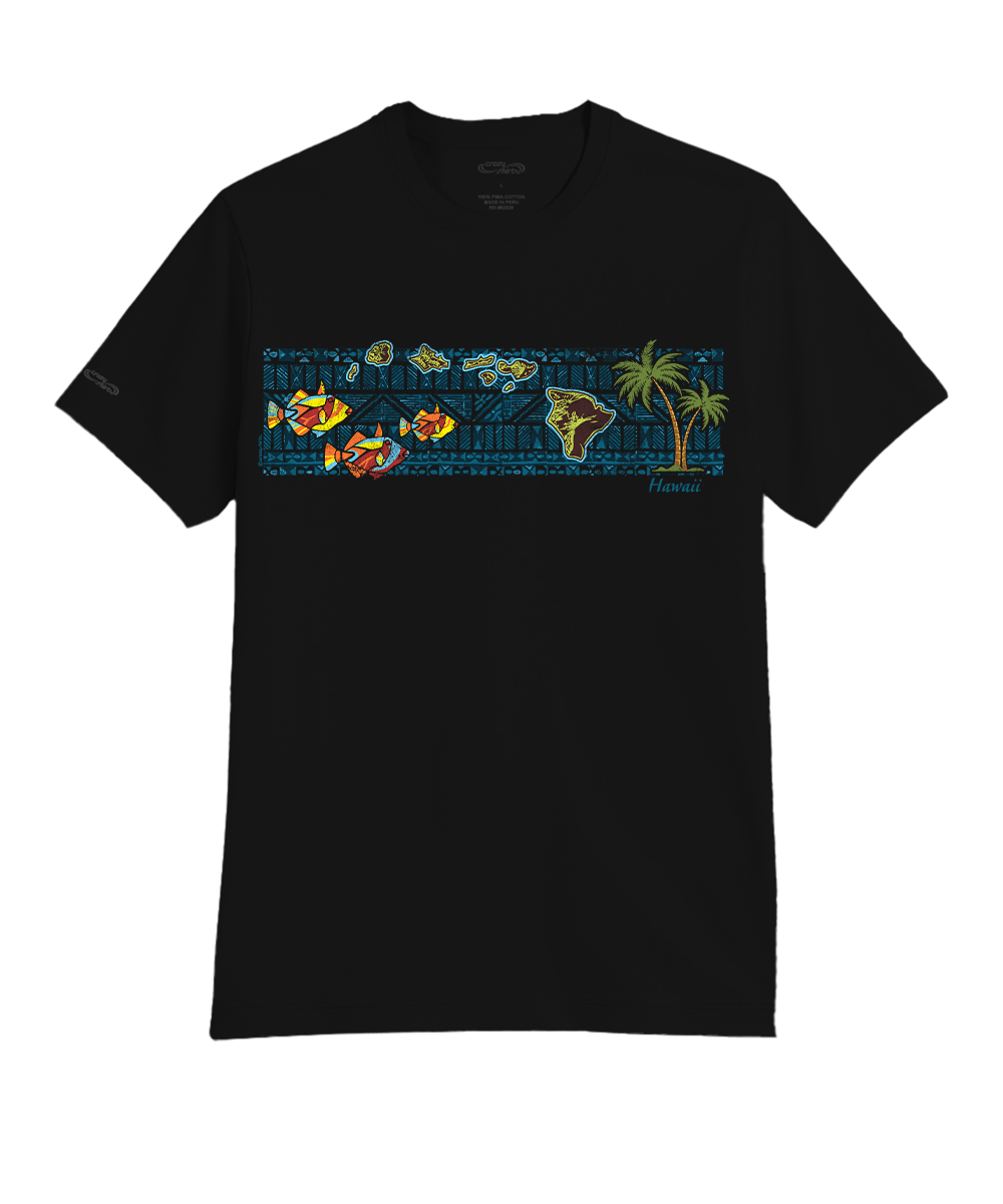 Black t-shirt with a colorful graphic of fish and a palm tree on a white background. View 1
