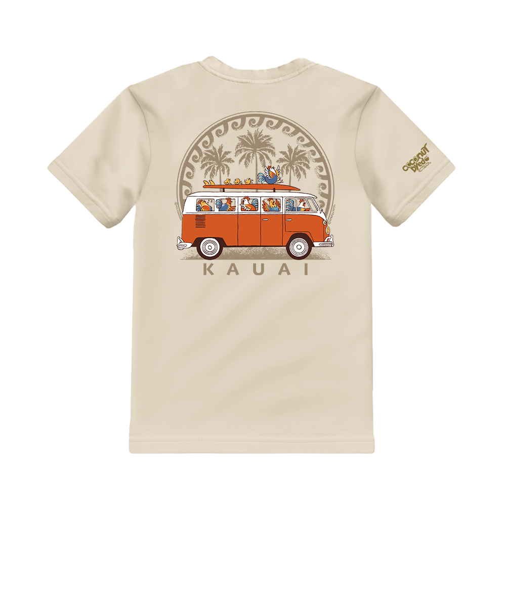 Beige t-shirt with a graphic of a van and palm trees on a white background View 1