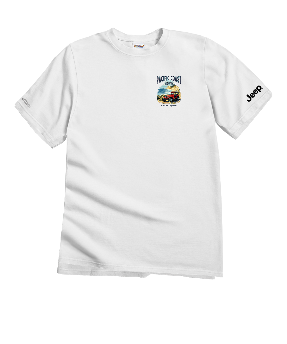 White t-shirt with Jeep logo and Pacific Coast Highway graphic on a white background View 4