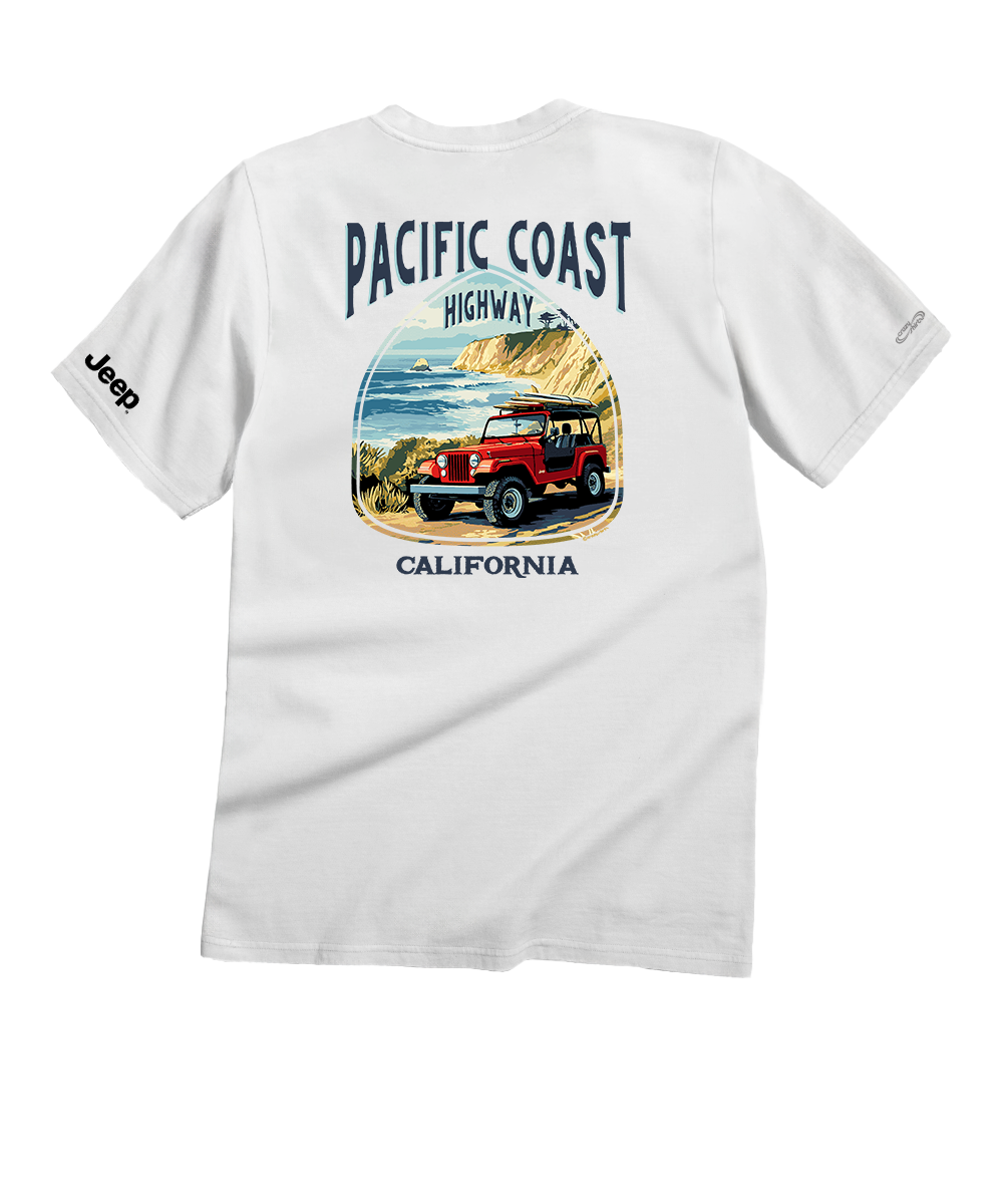 White t-shirt with 'Pacific Coast Highway California' graphic and Jeep logo on a white background View 1