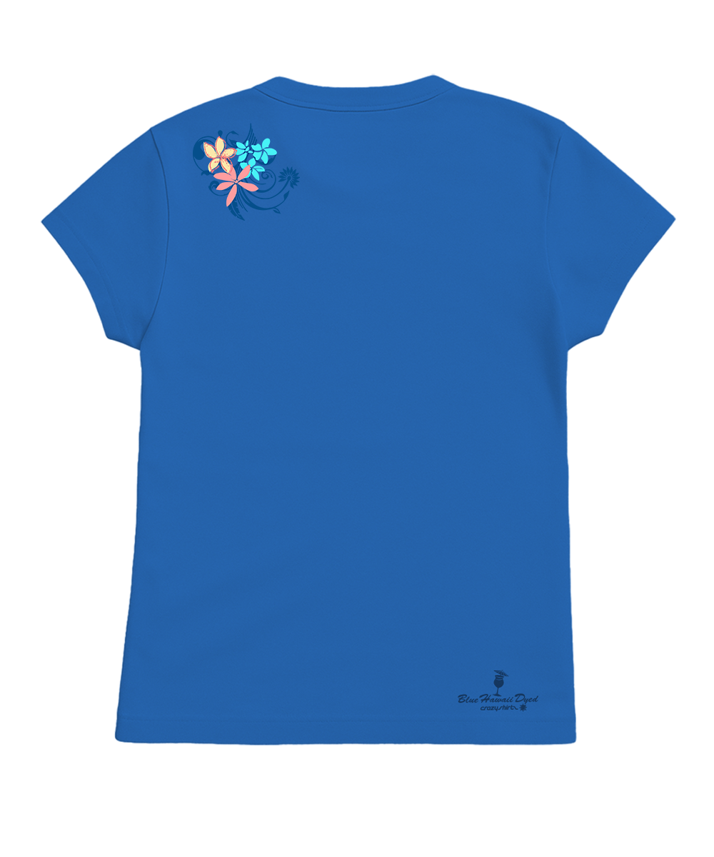 Blue t-shirt with floral design on the back against a white background View 4