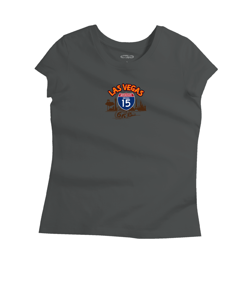 Dark gray t-shirt with Las Vegas-themed graphic on a white background View 4