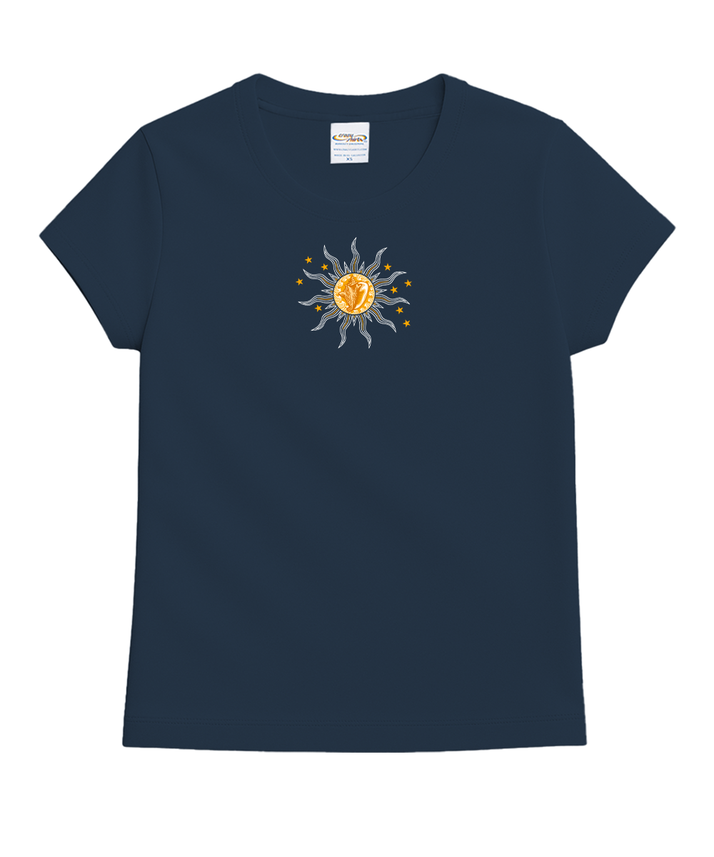 Navy blue t-shirt with a sun design on a white background View 4