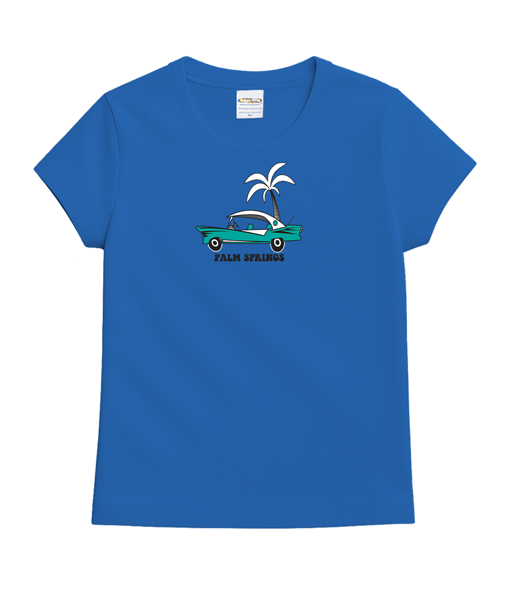 Blue t-shirt with a graphic of a car and palm tree on a white background View 4
