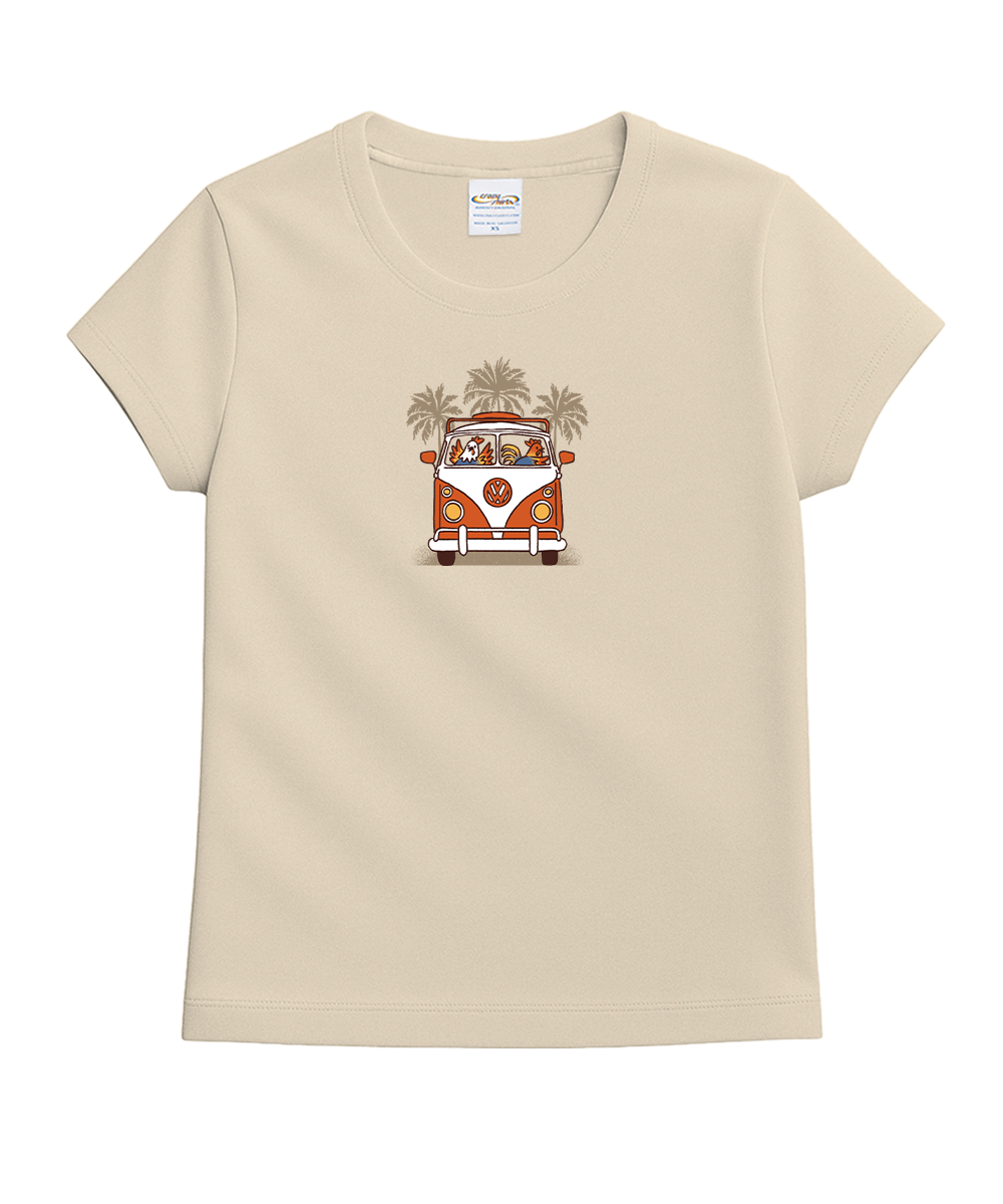 Beige t-shirt with a graphic of a vintage van and palm trees on a white background View 4