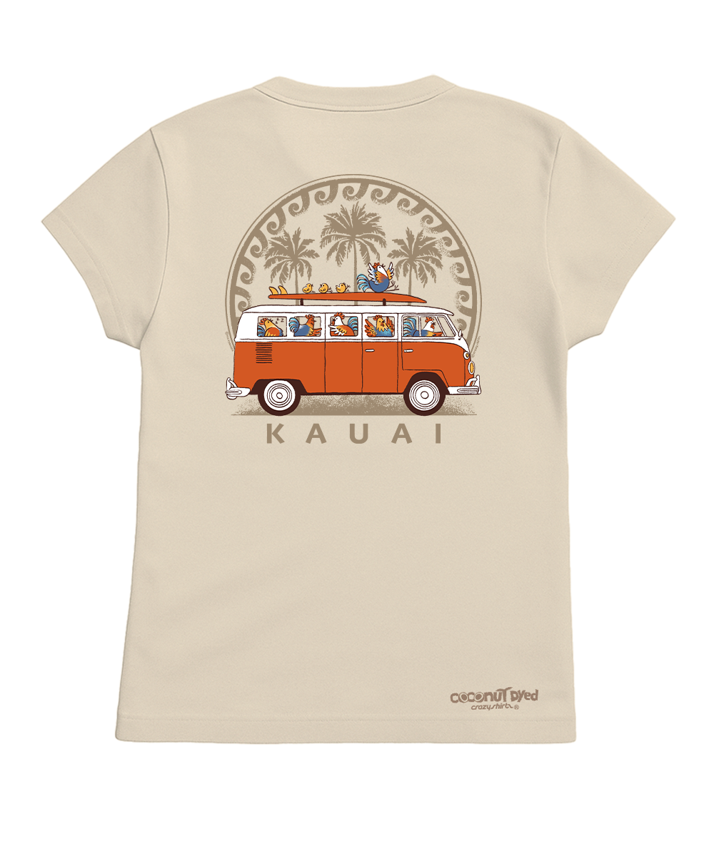 Beige t-shirt with a graphic of an orange van and palm trees on a white background View 1