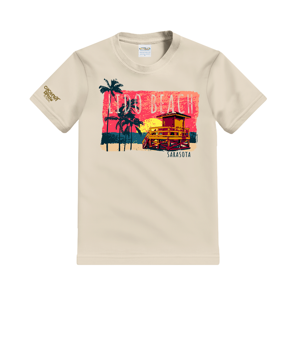Beige t-shirt with a 'Lido Beach, Sarasota' graphic on a white background View 1