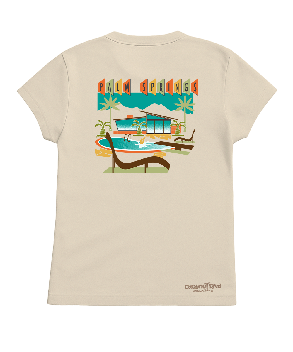 Beige t-shirt with a graphic of a pool and palm trees on a white background View 1