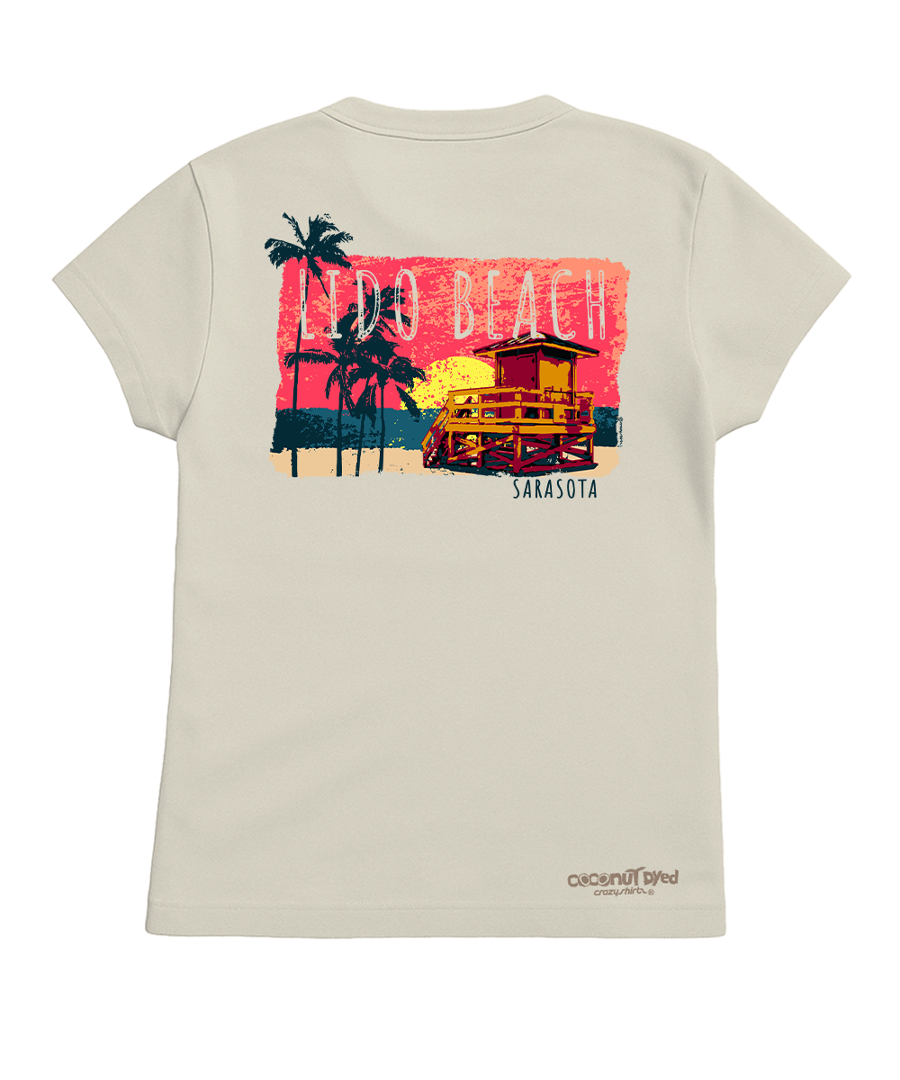 Beige t-shirt with a graphic of Lido Beach, Sarasota on a white background View 1
