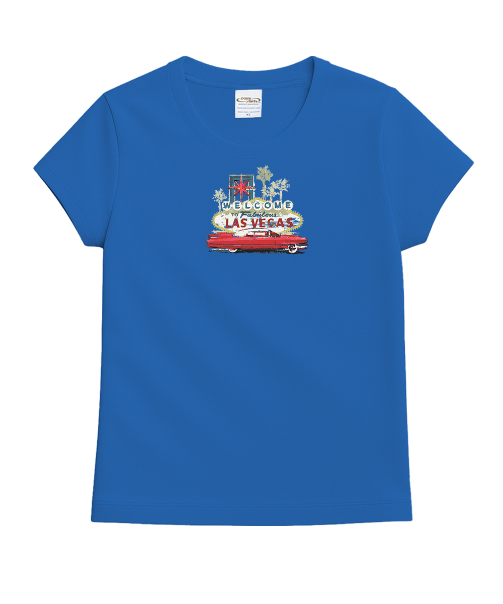 Blue t-shirt with Las Vegas graphic on a white background View 1