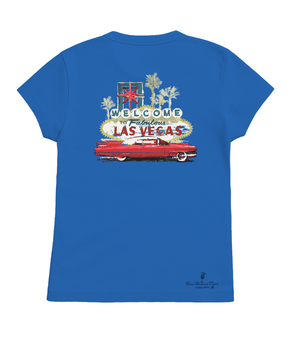 Blue t-shirt with a graphic of a red car and 'Welcome to Fabulous Las Vegas' text on a white background View 4