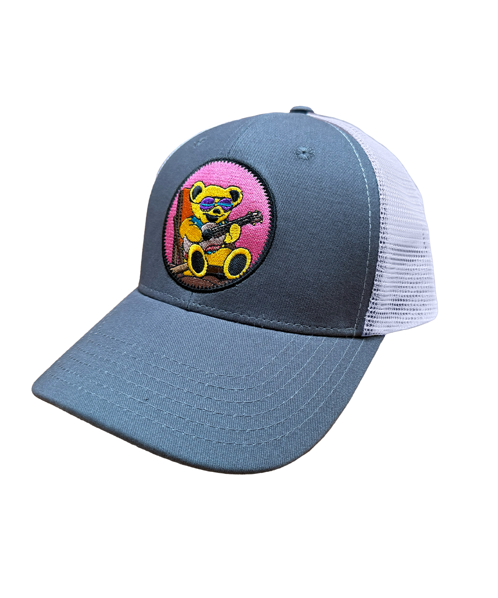 Gray and white cap with a bear graphic on a white background View 1