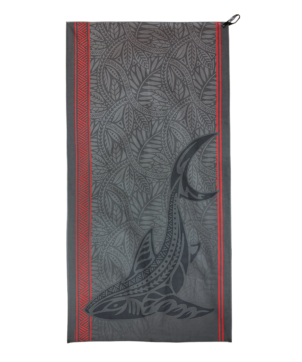 Towel with shark design and red border on a white background View 1
