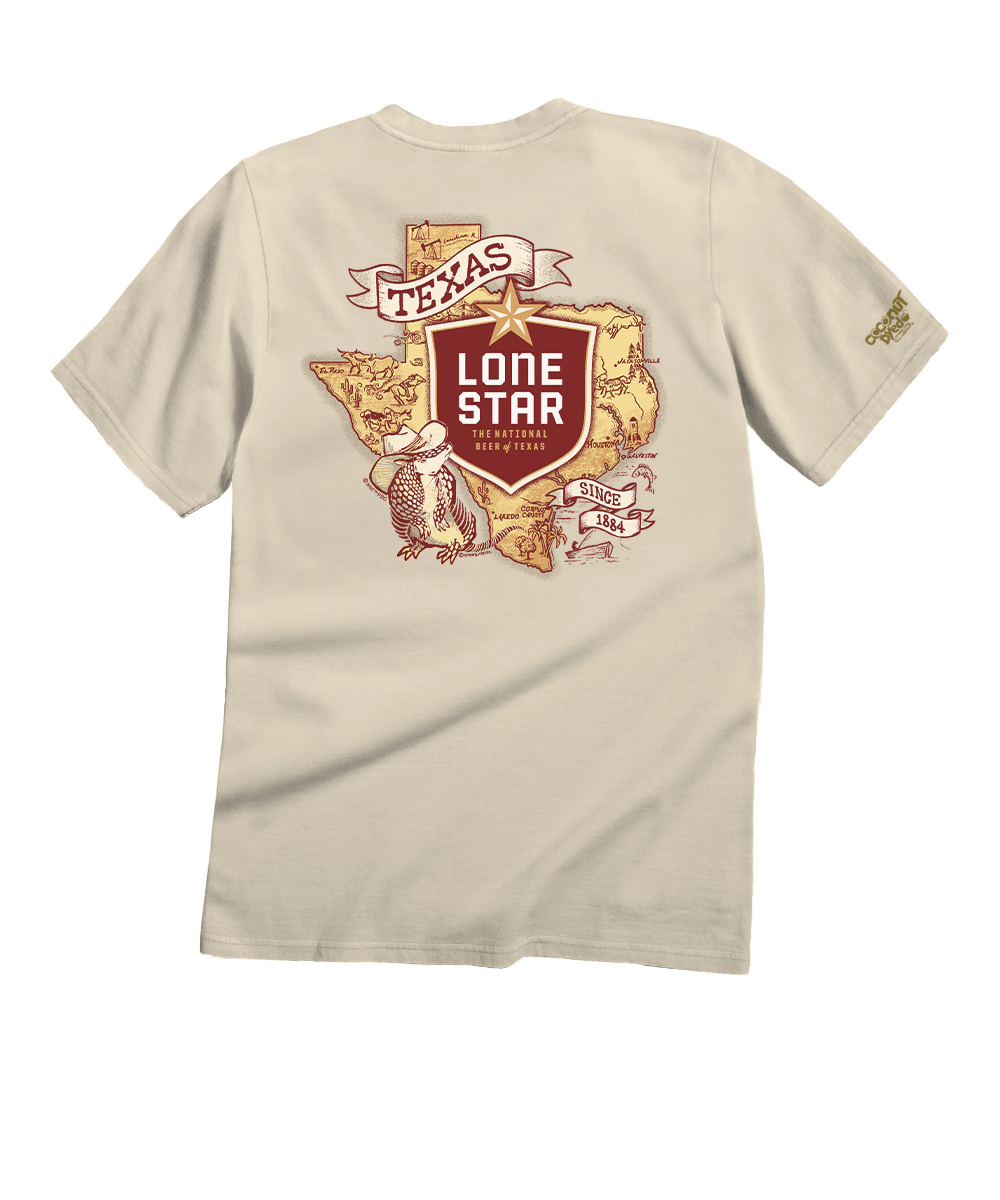 Milky white t-shirt with Texas-themed graphic on a white background View 1