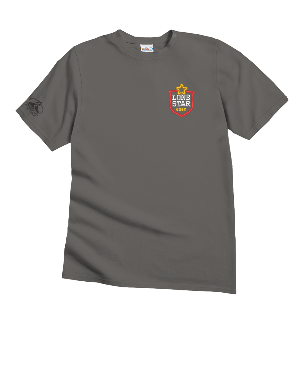 Gray t-shirt with a logo on the chest against a white background View 4