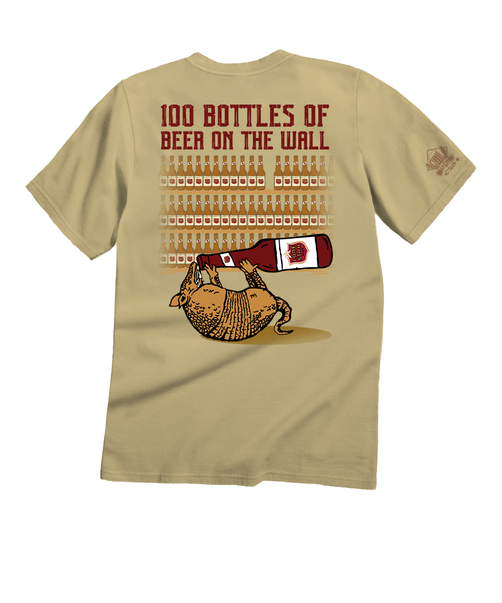 Pale yellow t-shirt with '100 Bottles of Beer on the Wall' graphic design on a white background