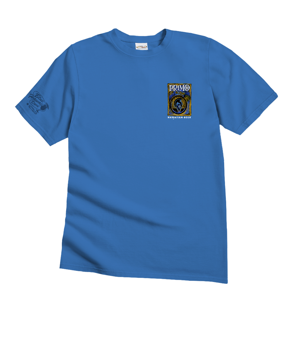 Blue t-shirt with a logo on the chest against a white background View 4