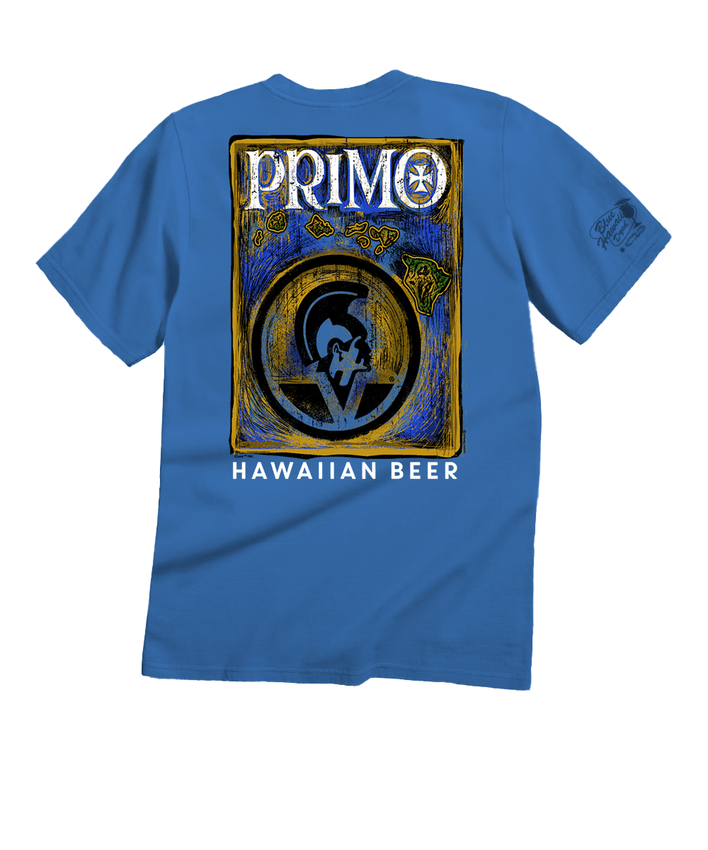Blue t-shirt with 'Primo Hawaiian Beer' graphic on a white background View 1