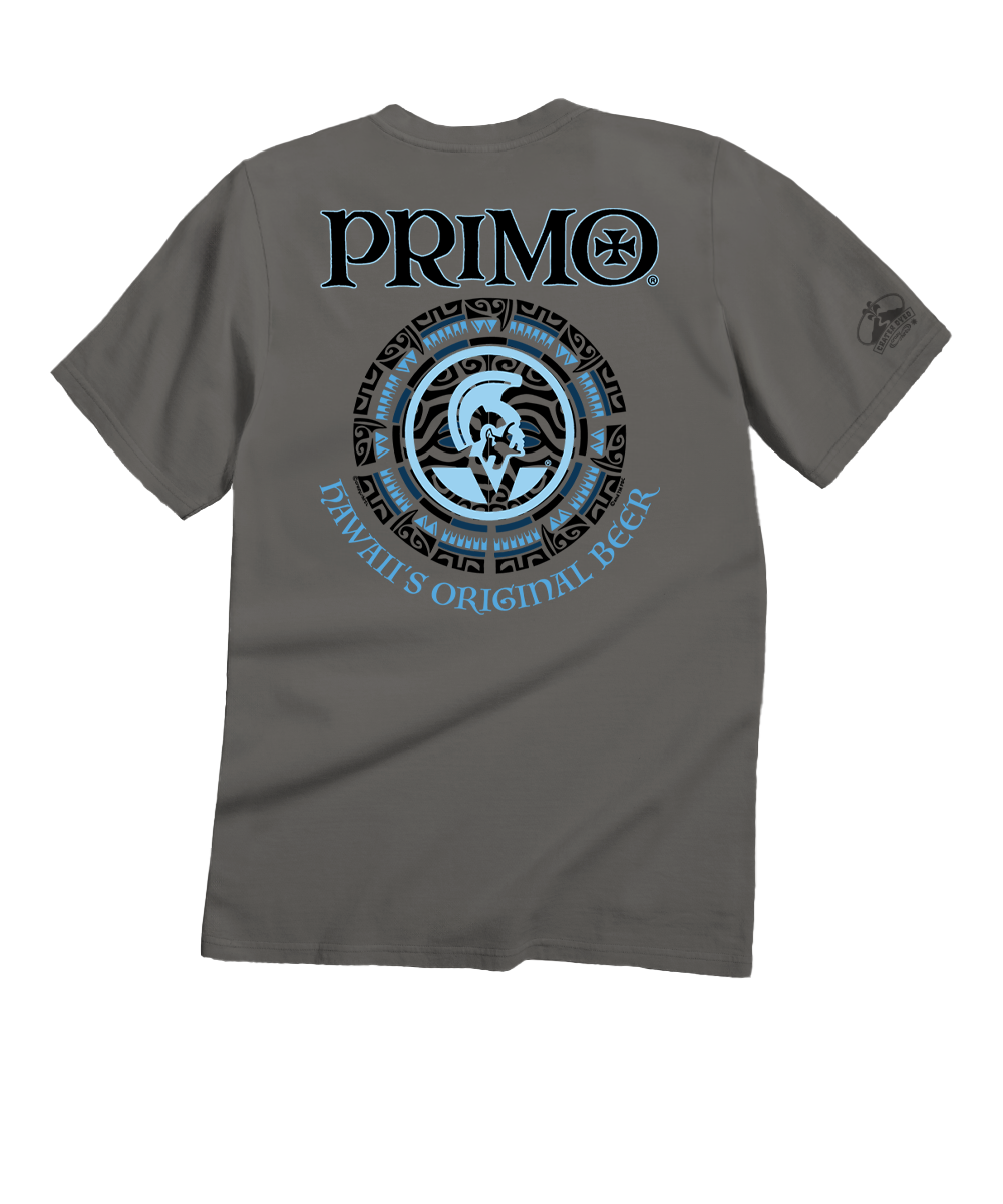 Gray t-shirt with 'Primo' logo and design on the back against a white background View 1