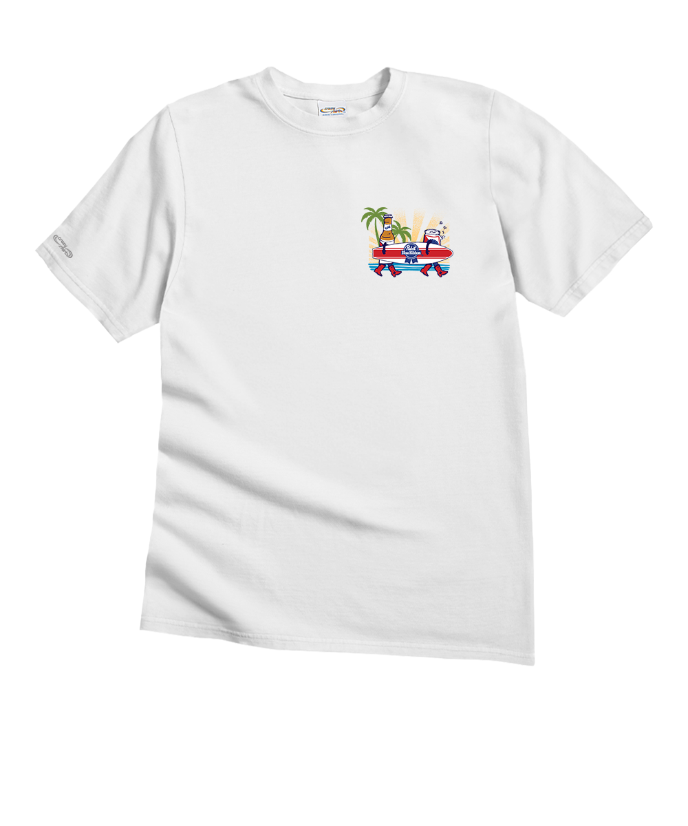 White t-shirt with a colorful graphic on a white background View 4