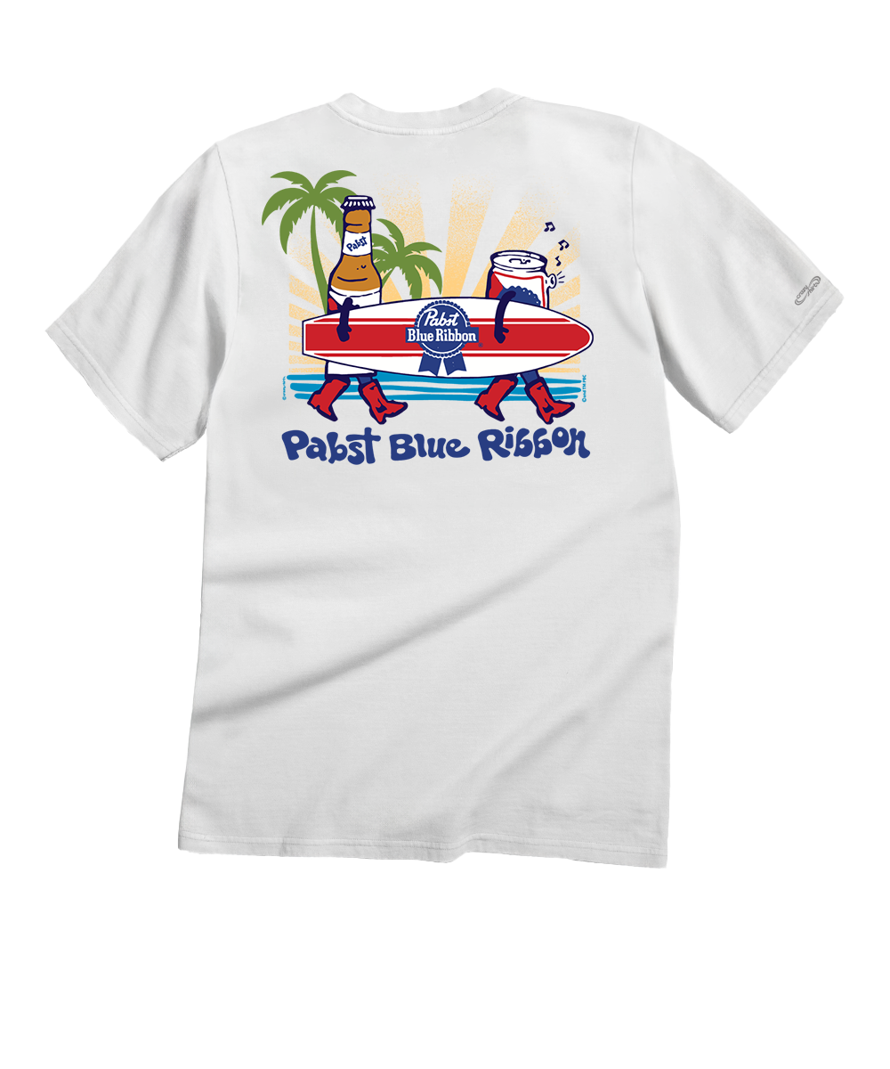 White t-shirt with Pabst Blue Ribbon graphic on a white background View 1