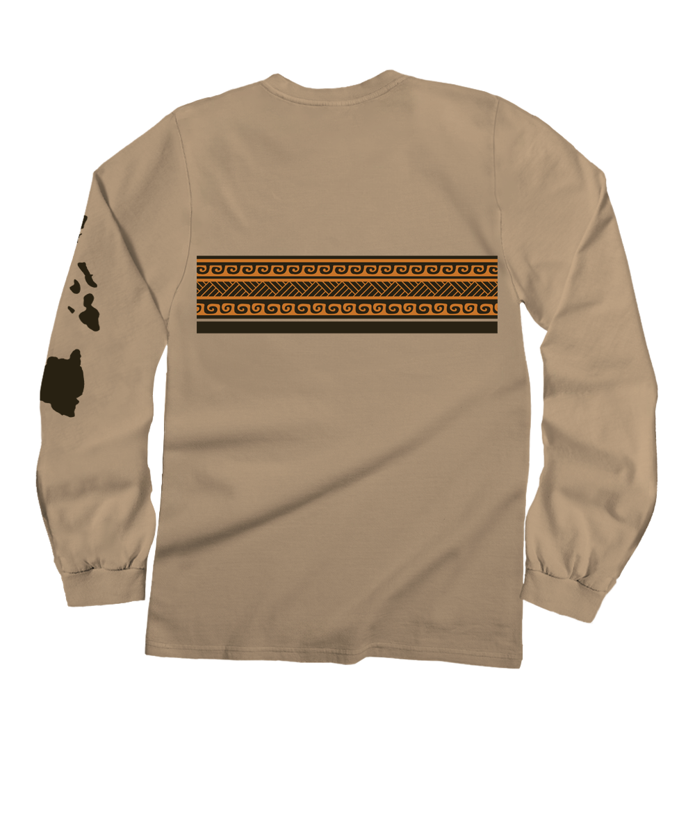Light brown long-sleeve shirt with tribal design on the back against a white background View 4