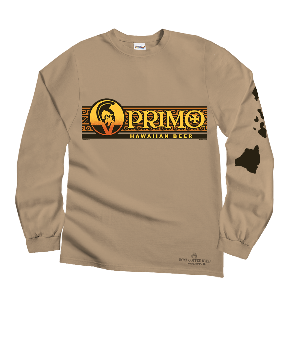 Light brown long-sleeve shirt with Primo Hawaiian Beer logo on a white background View 1
