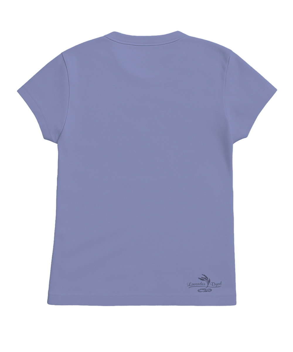 Purple t-shirt with a logo on the back against a white background View 4
