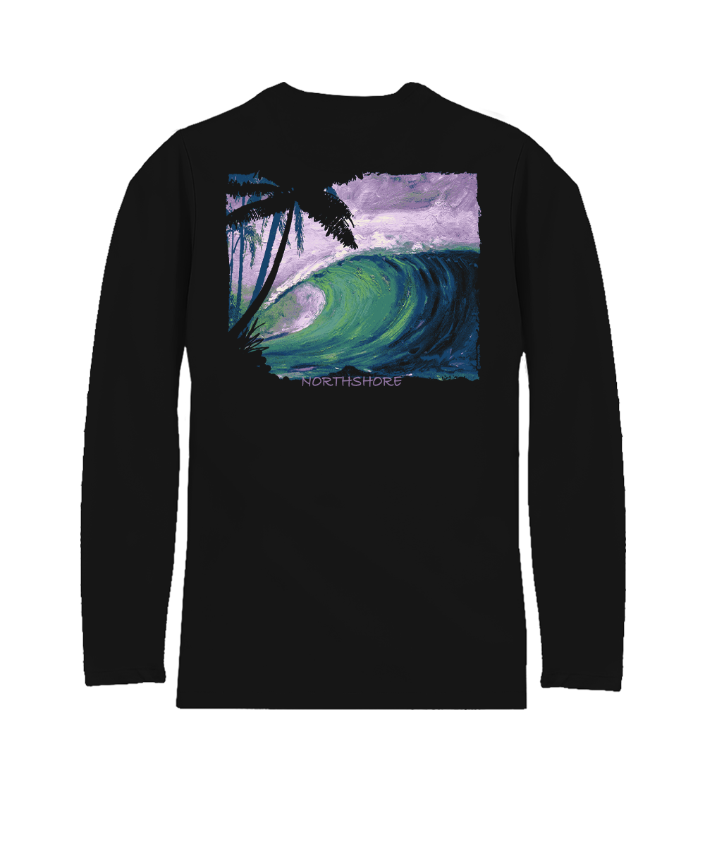 Black long-sleeve shirt with a tropical design featuring a wave and palm trees on a white background. View 1