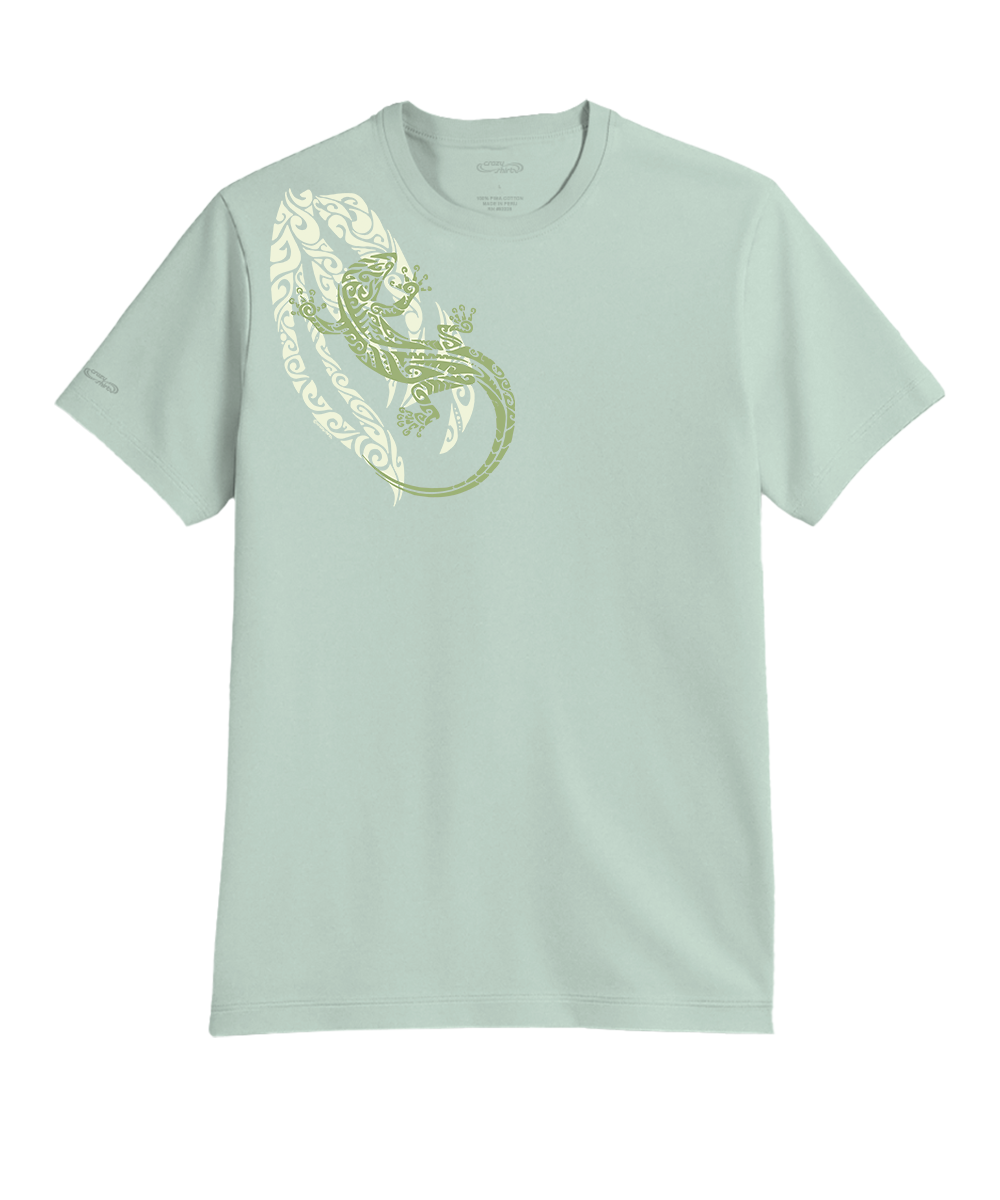 Light green t-shirt with a graphic design on a white background View 1