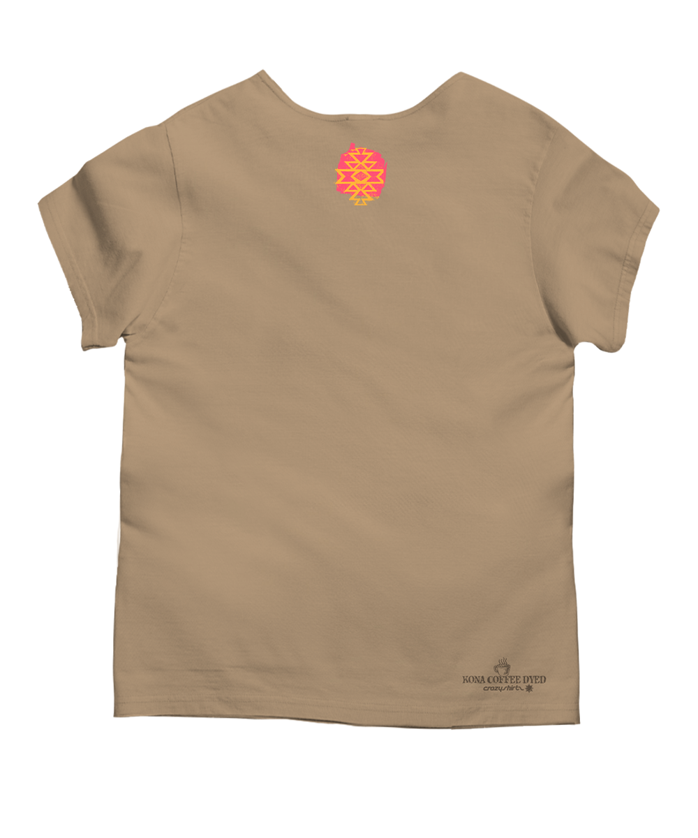 Beige t-shirt with a logo on the back against a white background View 4